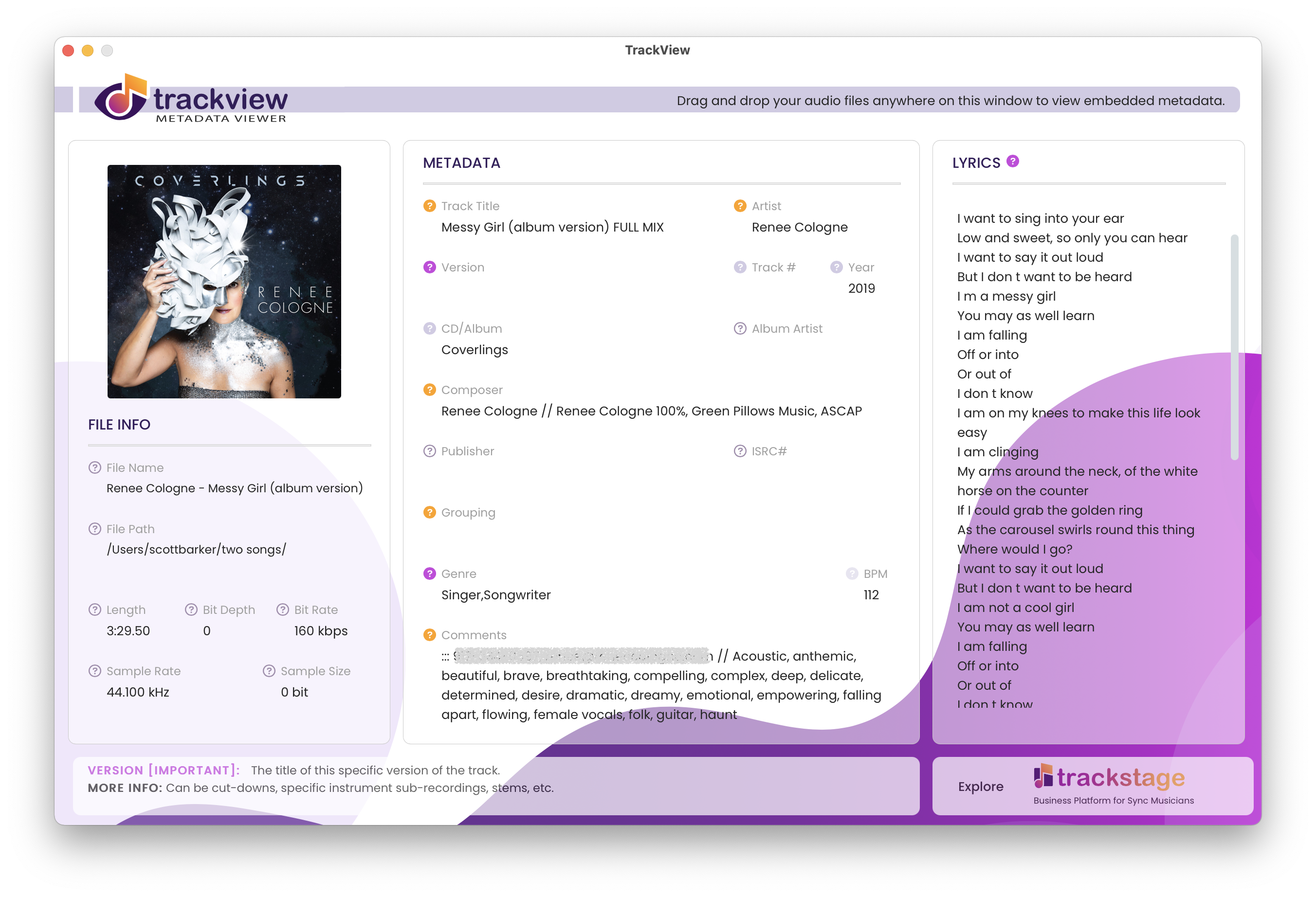 TrackView PLUS showing a track's metadata