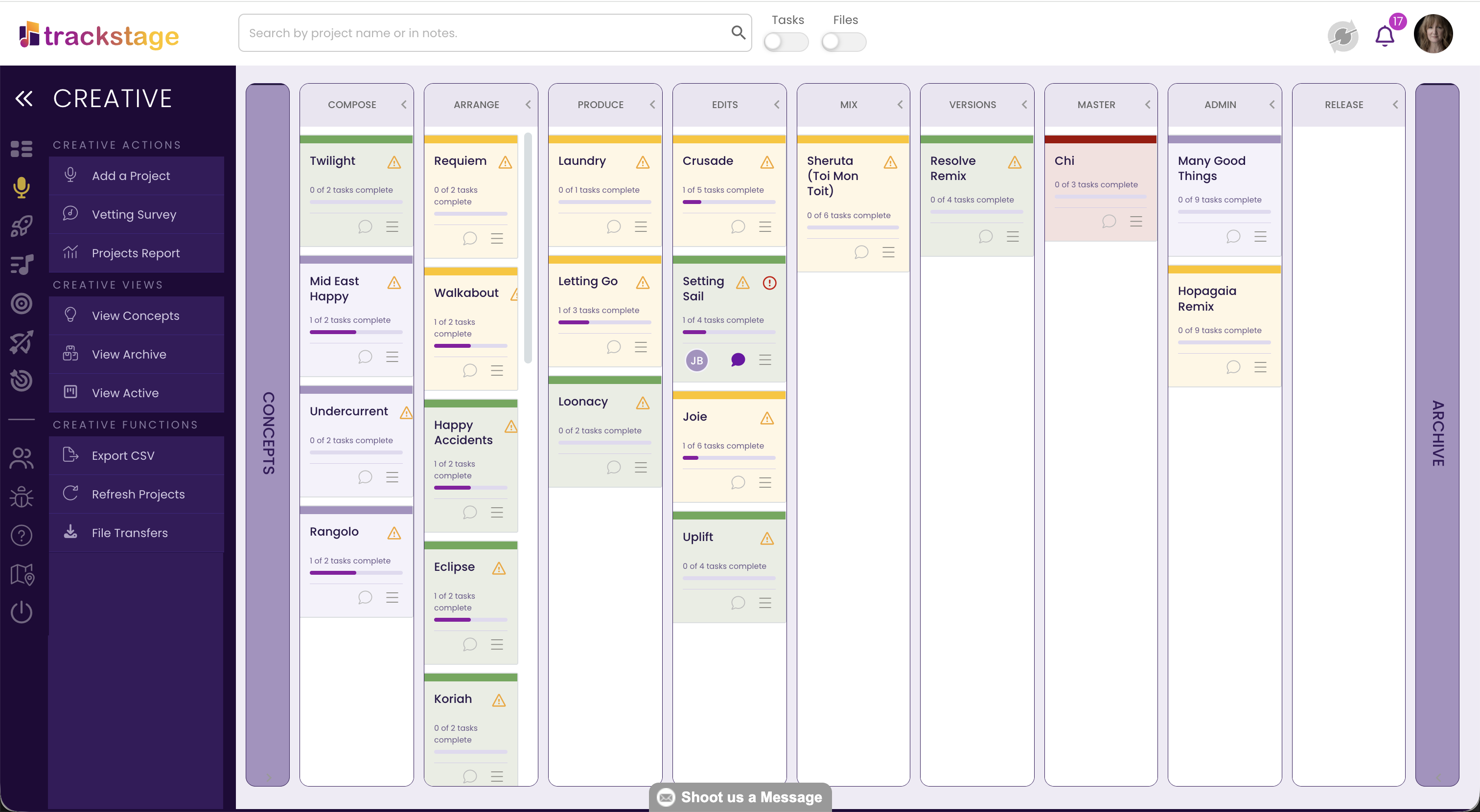 Creative board — projects from concept to release
