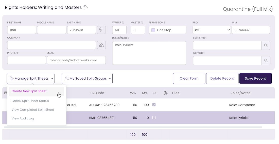 Create, sign, and attach split sheets