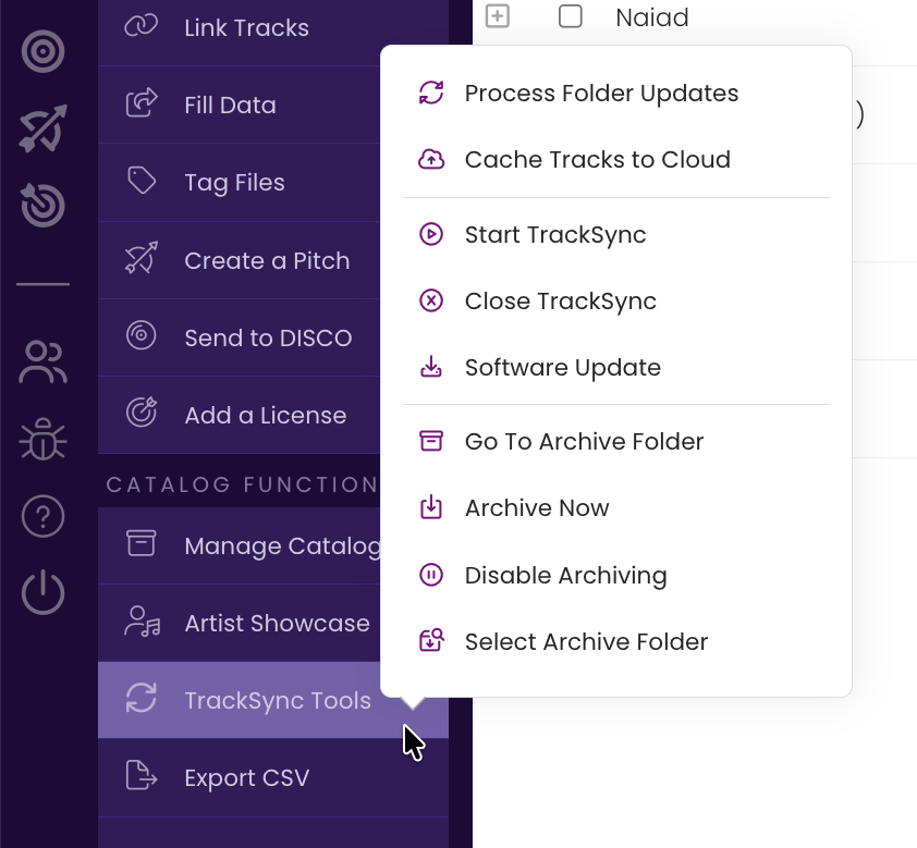 The TrackSync Tools menu, showing the four archive commands