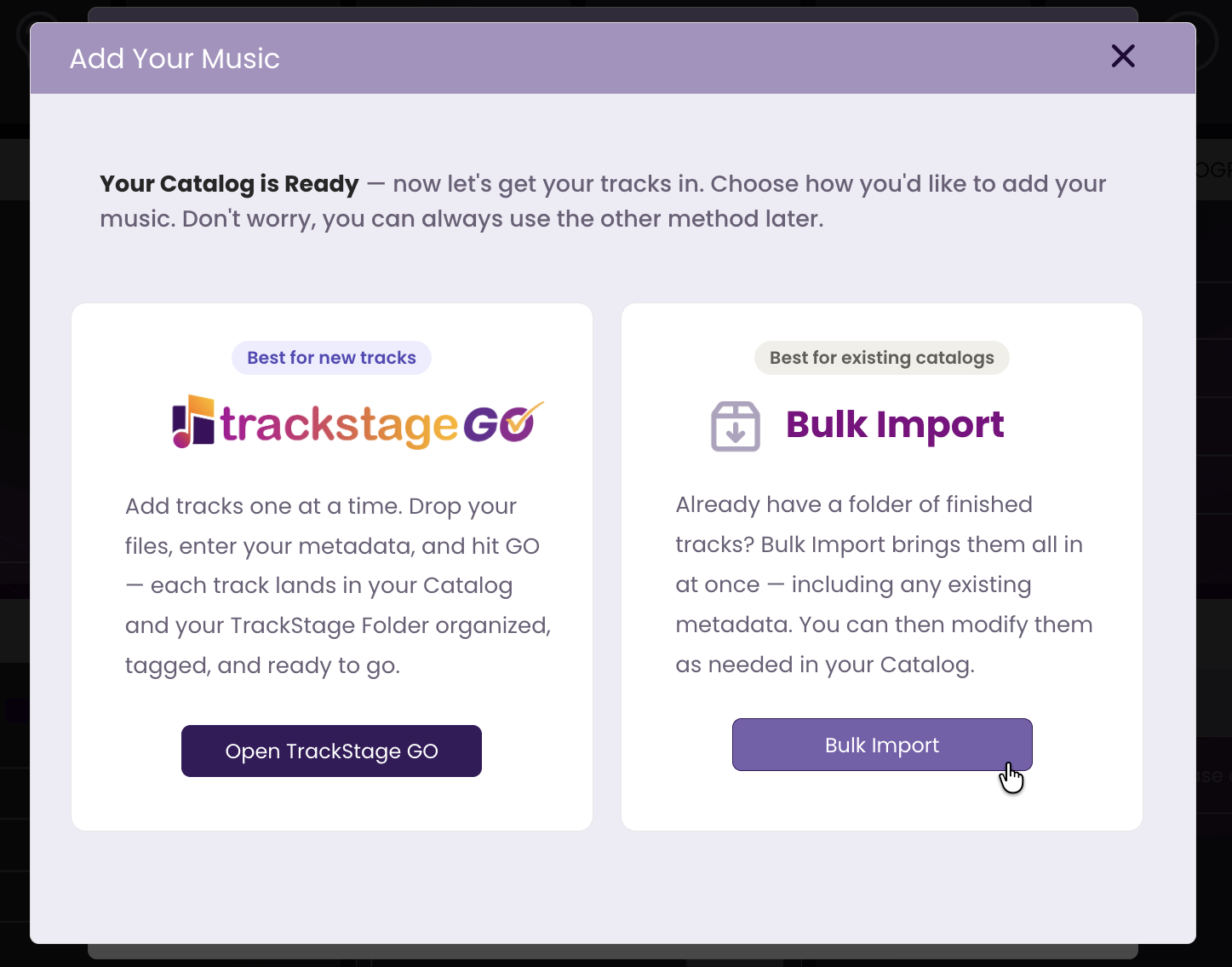 The Add Your Music window with Bulk Import selected
