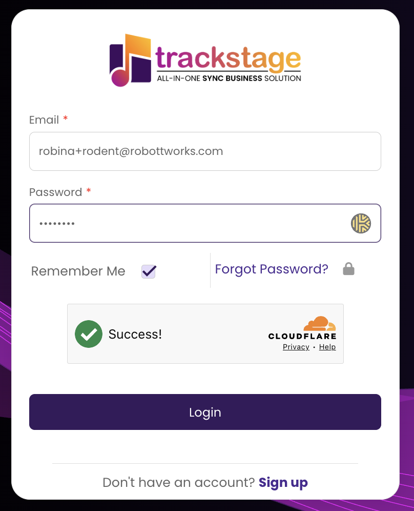 The TrackStage login screen