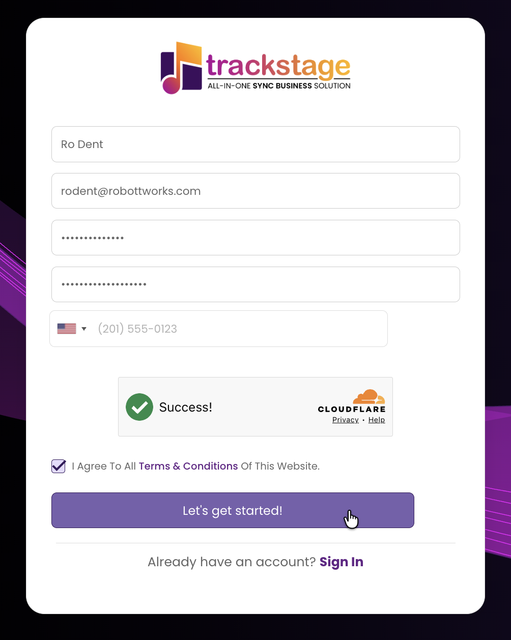 The completed sign-up form with the Let's get started button