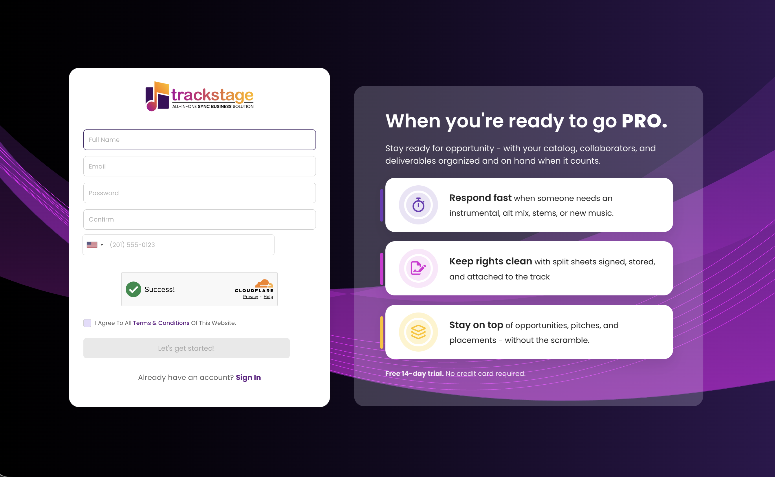 The TrackStage sign-up page
