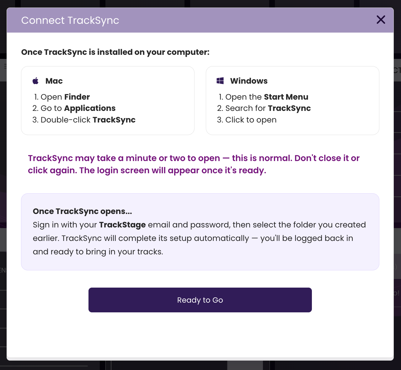 The Connect TrackSync window with Mac and Windows instructions