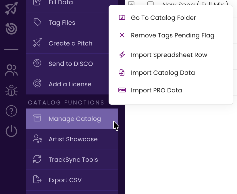 The Manage Catalog menu open, showing its five commands