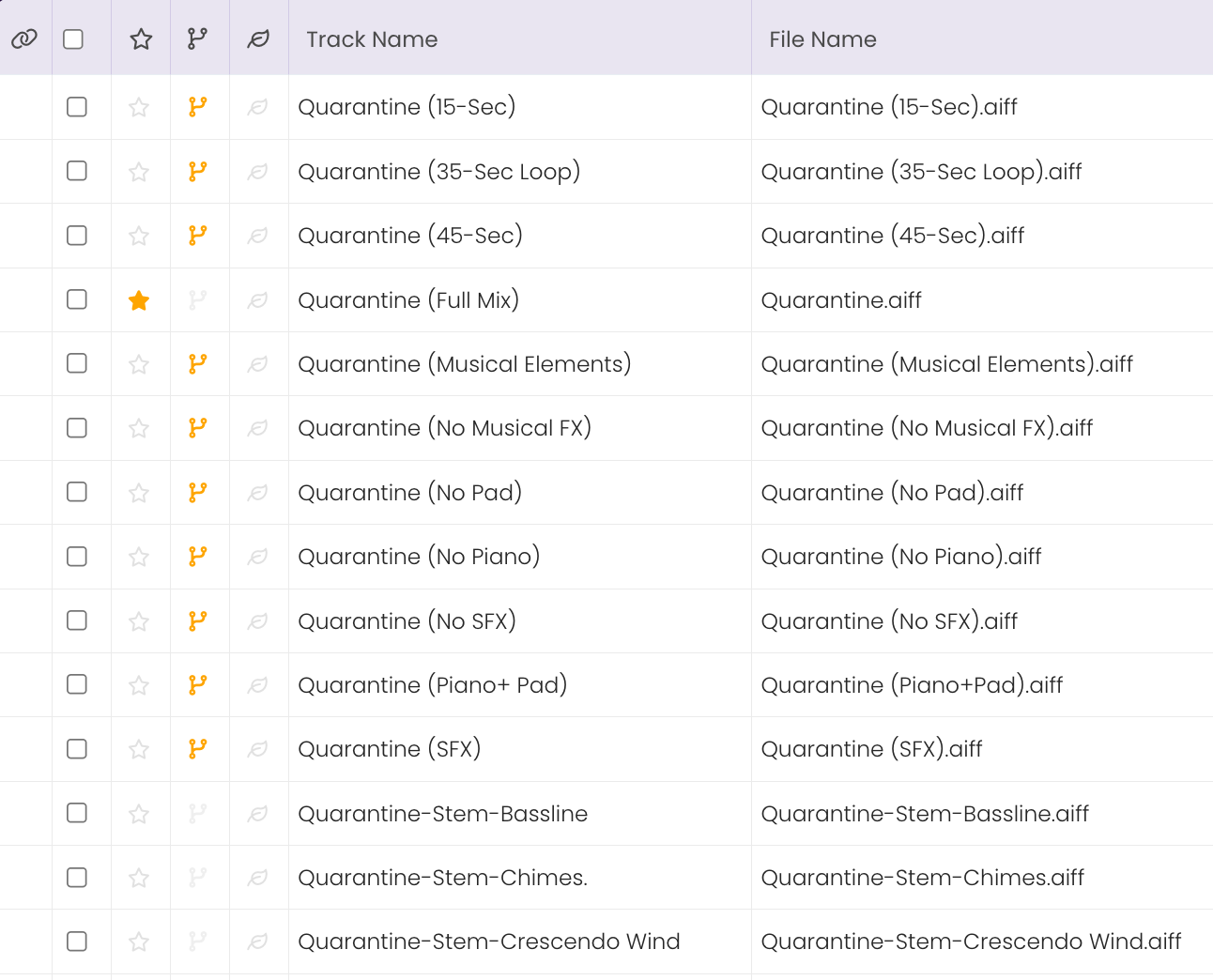 The TrackStage Catalog showing the tracks marked as Alternates
