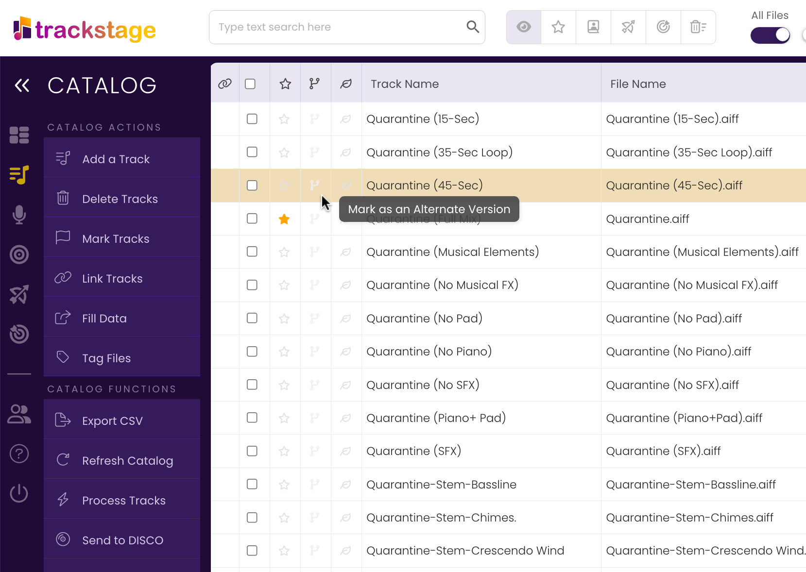 Selecting a track to mark as an Alternate version in the TrackStage Catalog