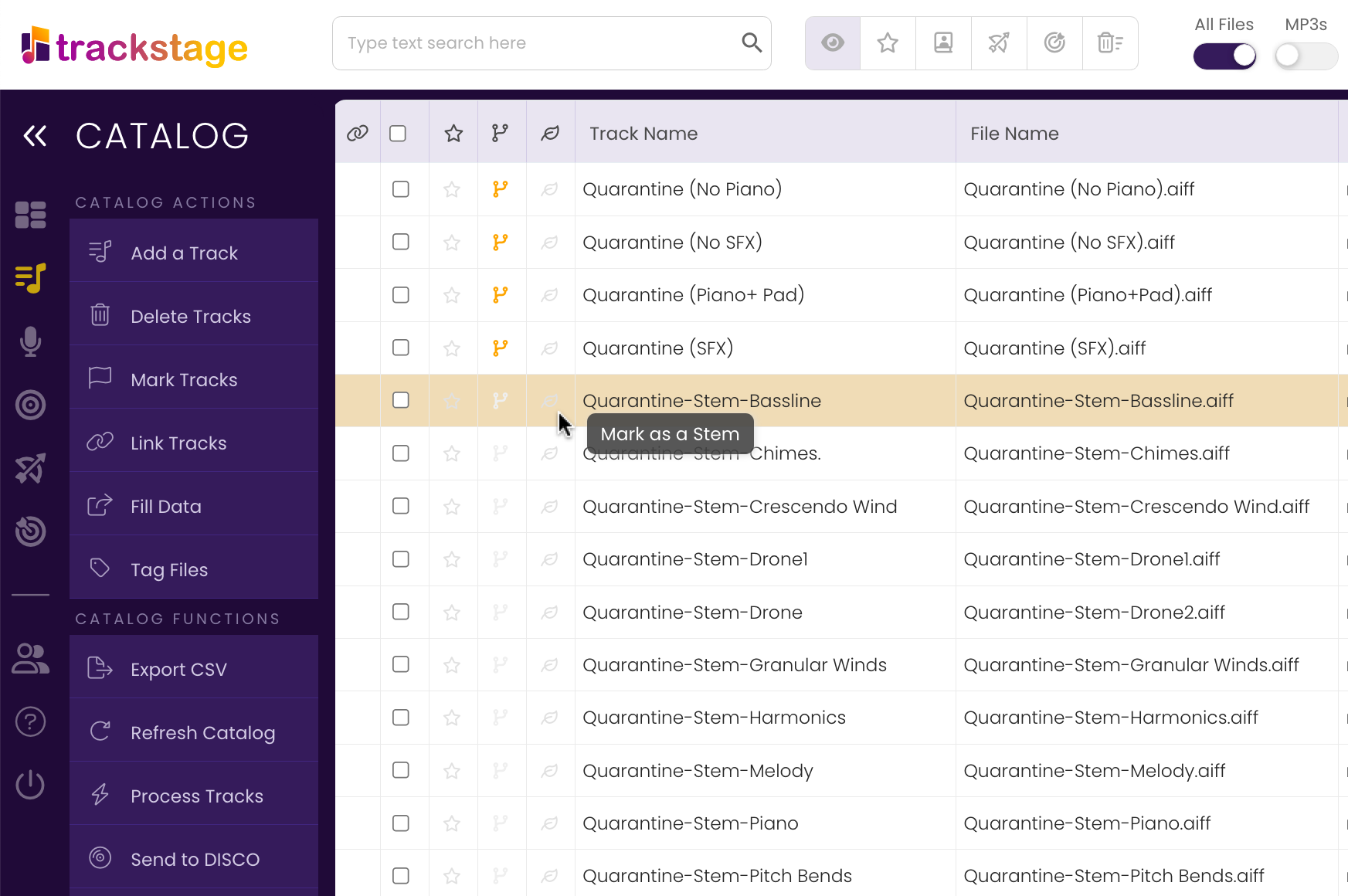 Selecting a track to mark as a Stem in the TrackStage Catalog