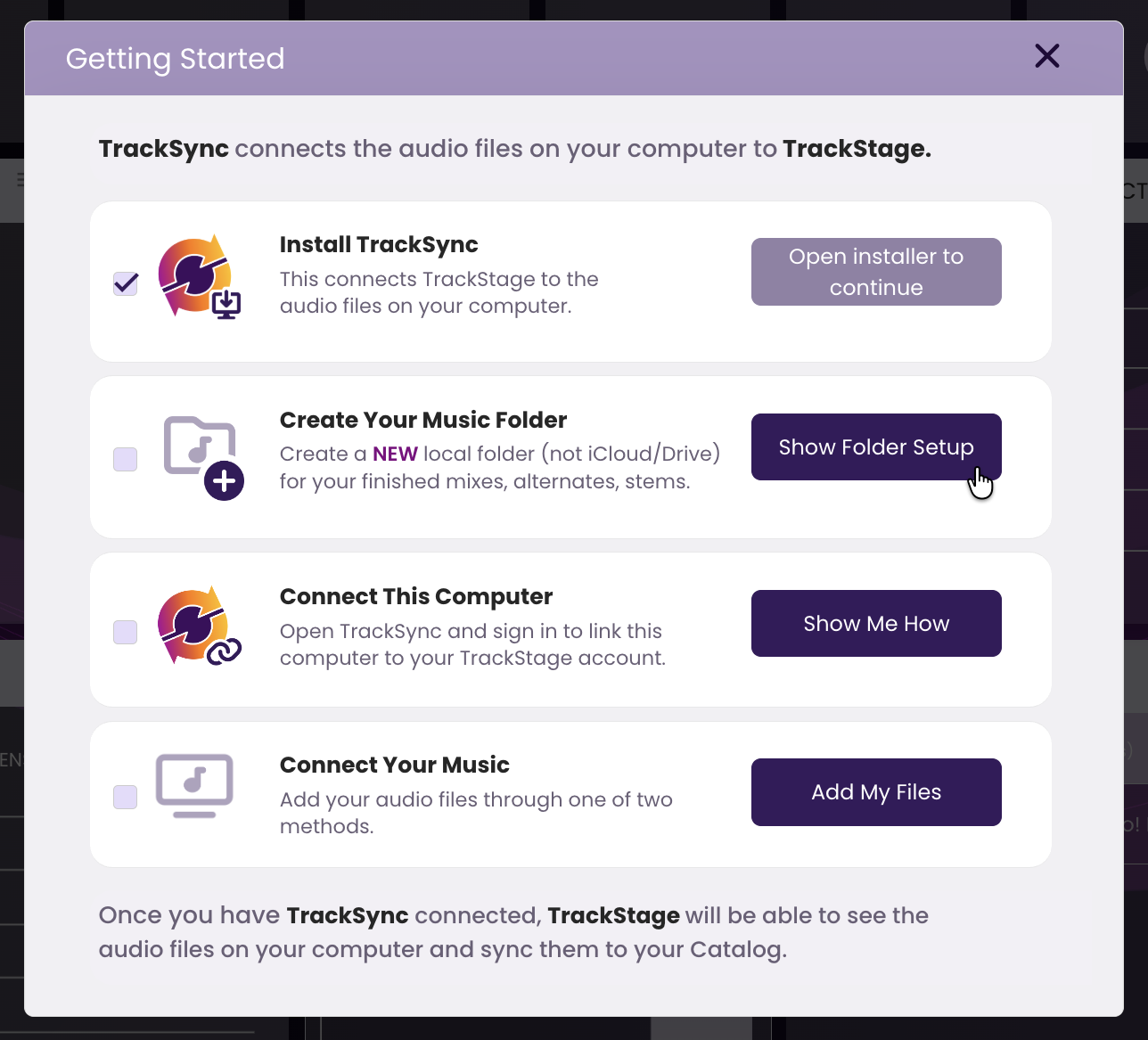 The Create Your Music Folder step with the Show Folder Setup button