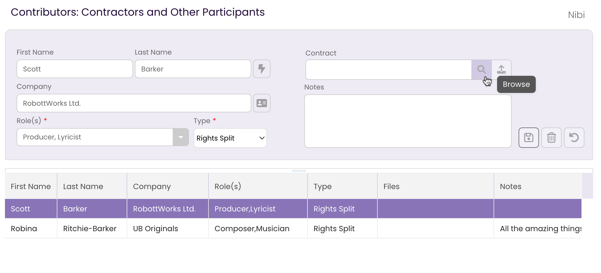Clicking the Browse button to locate a contract to add to the Contributor record.