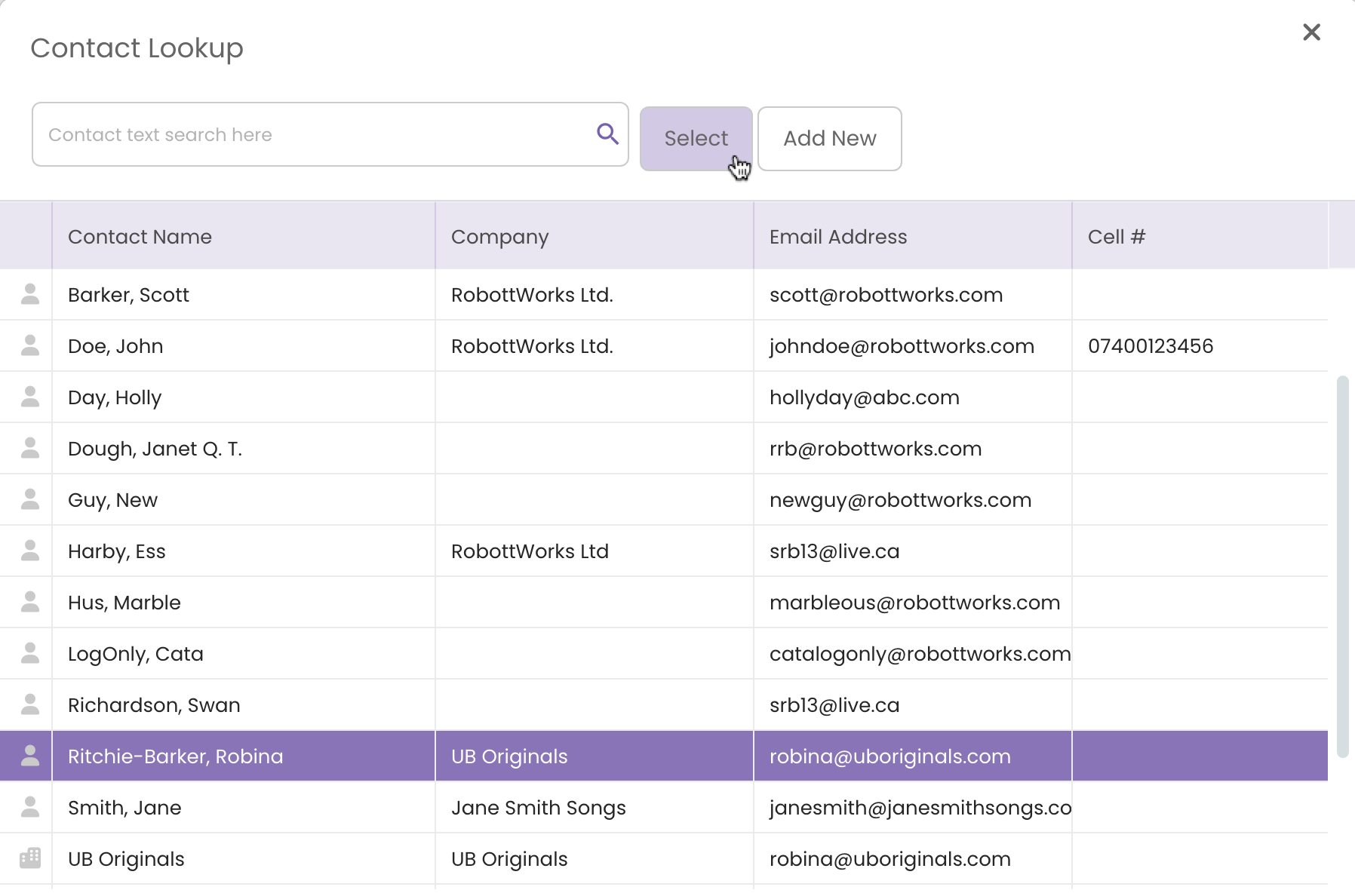 Using the Contact Lookup function to select a contact to add to the Credits Tab in TrackStage.