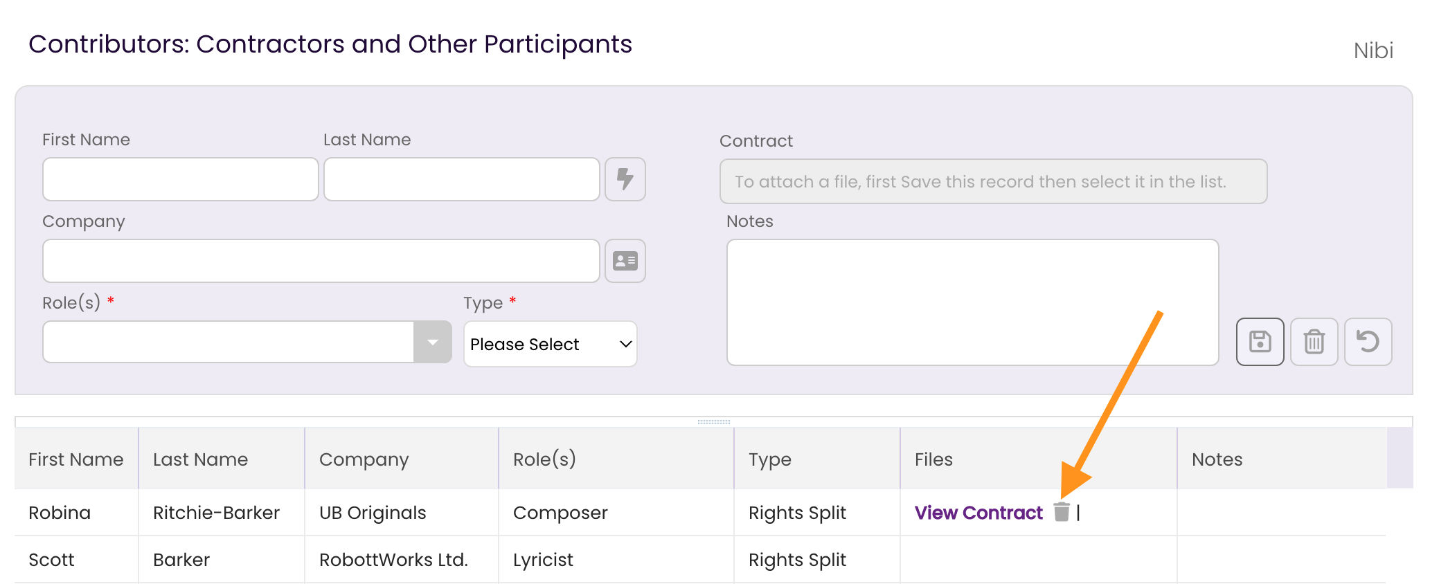 The Credits Tab showing where to click to remove a contract from a Contributor record.