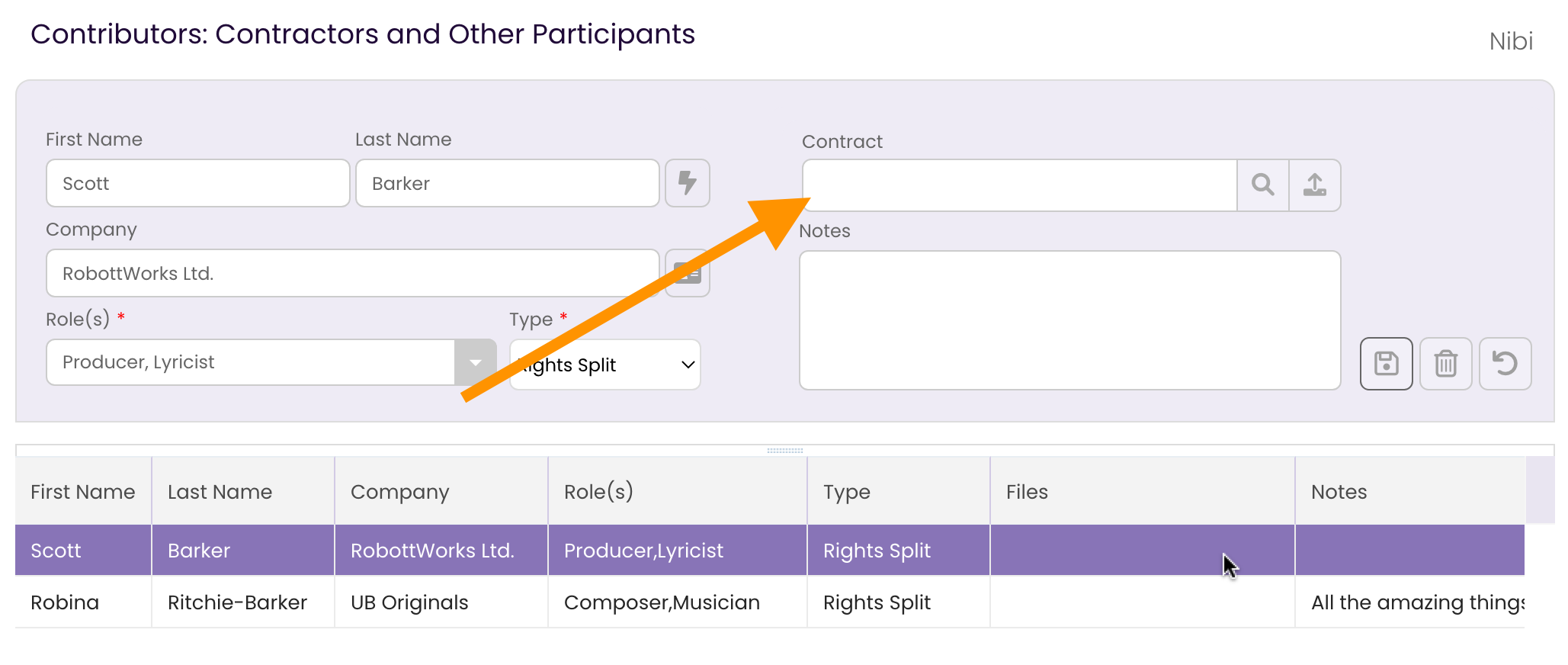 The Credits Tab showing the Contract field as editable once the Contributor is selected.