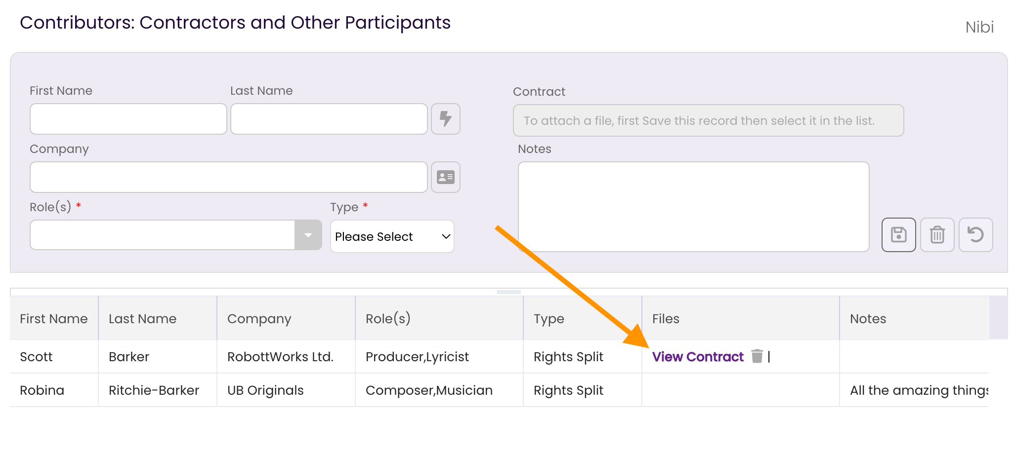The Credits Tab showing where to click to view an added contract.