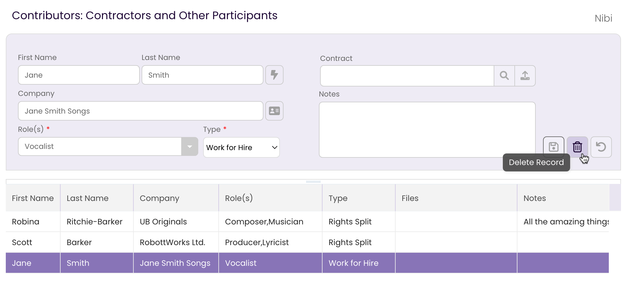 Selecting a Contributor and clicking the Delete button to remove the record.