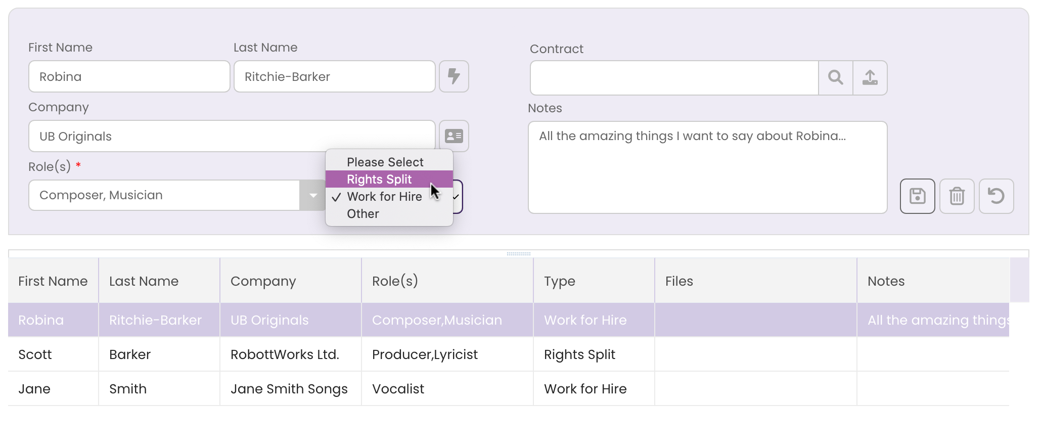 Editing the Contributor's agreement Type in the Credits Tab.