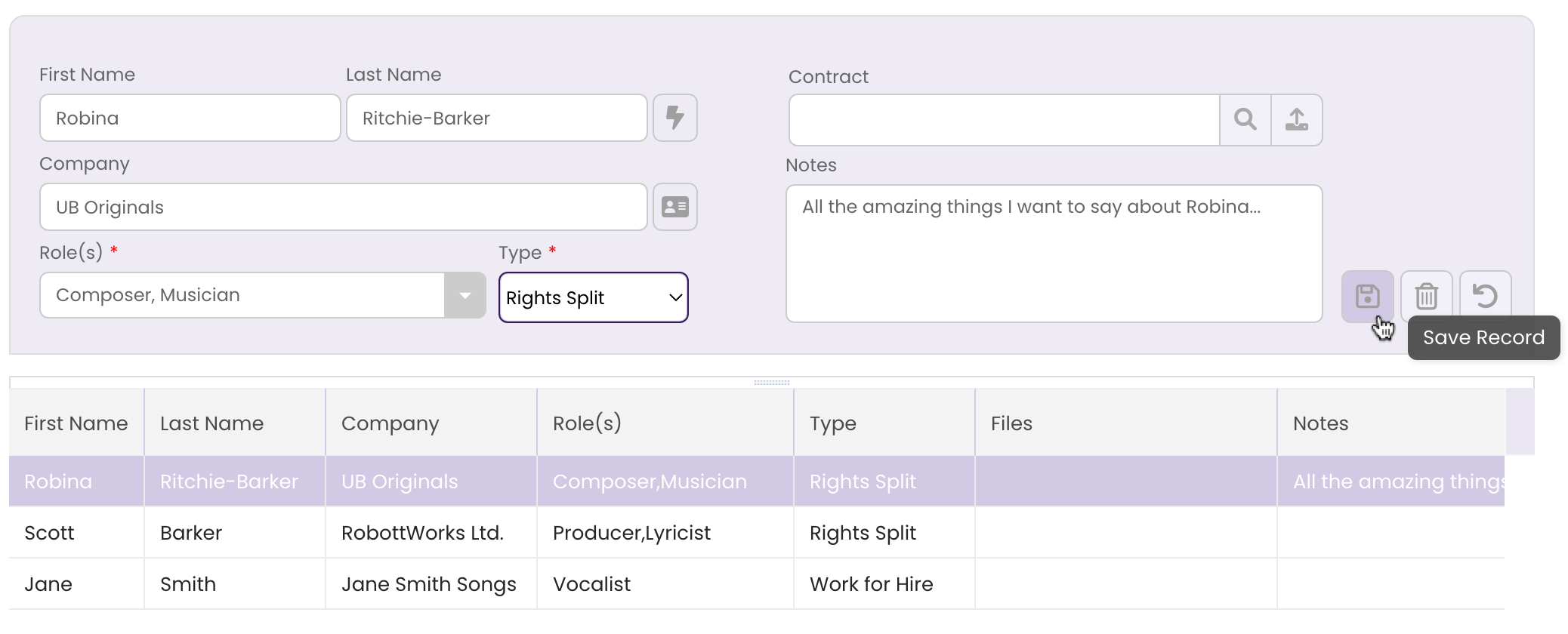 Clicking the Save Changes button to save the Contributor record to the track.