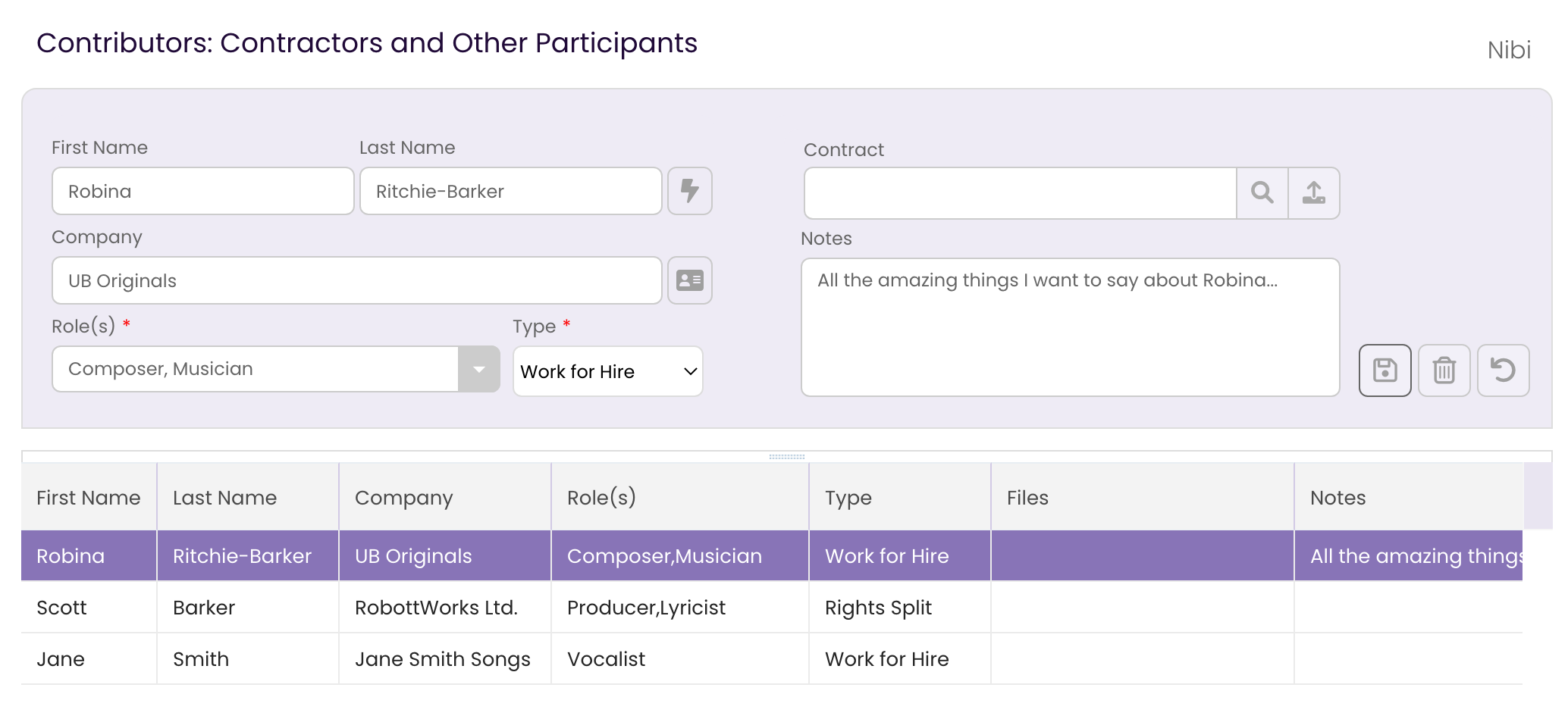 The Credits Tab showing the Contributor record selected and the information in the form.