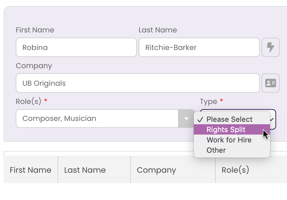 Selecting the type of agreement that has been made with the contributor for this track - work for hire, rights share, etc.