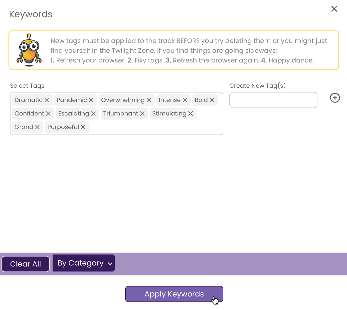 The pasted keywords showing up in the Keywords window and clicking on the Apply Keywords button.