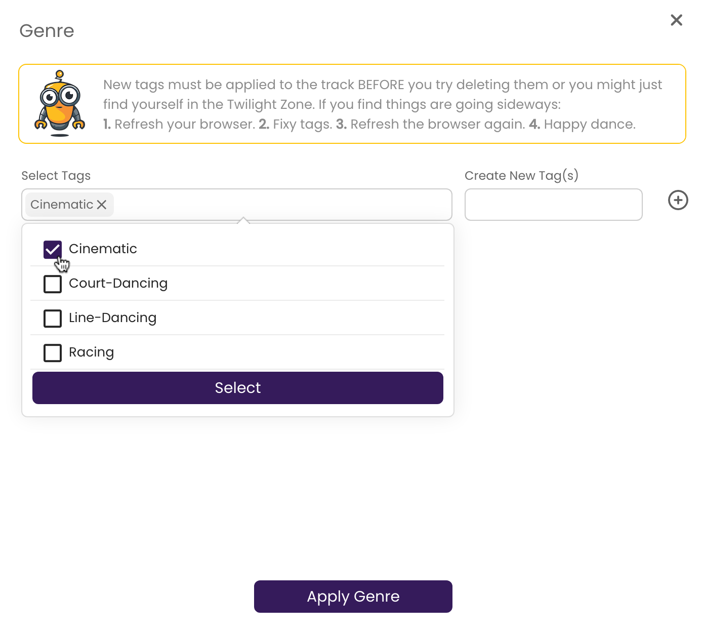 Clicking a checkbox next to a selection in TrackStage's Genre drop-down menu