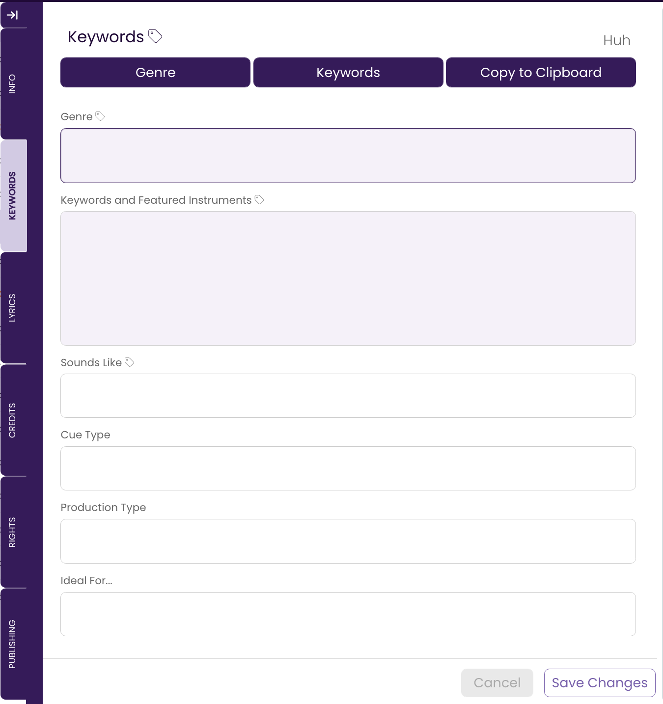 The TrackStage Keywords Tab