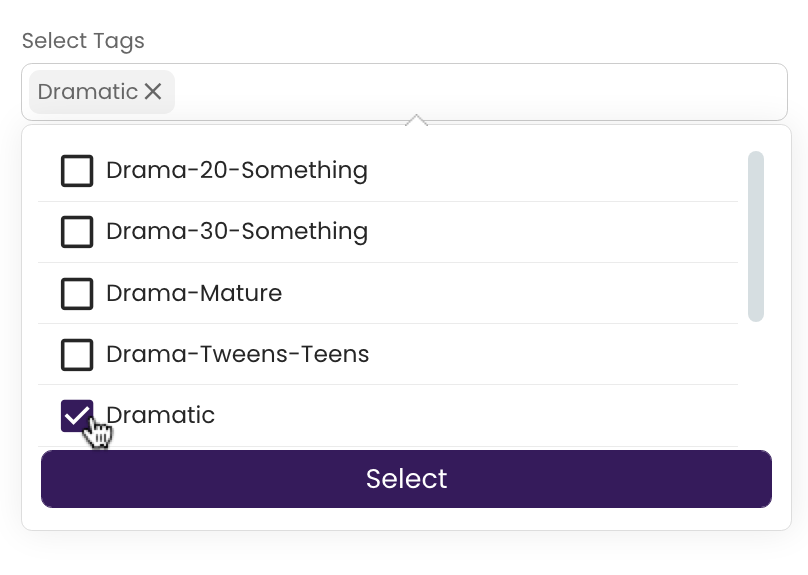 Clicking the checkbox beside a Keyword in the drop-down to add it to the track.