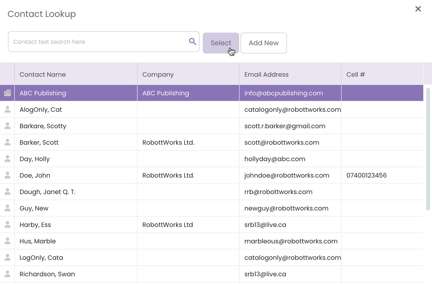 Using the Contact Lookup function to select a Publisher to add to the Publishing Tab in TrackStage.