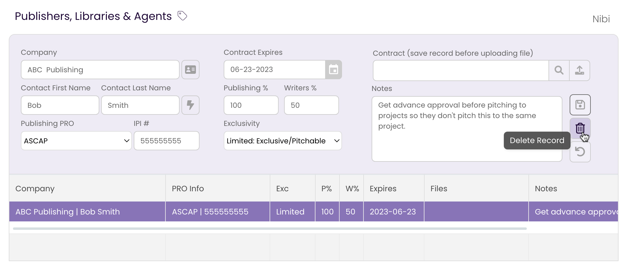 Clicking the Delete button in the Publishing Tab to remove the selected Publishing Rights Holder record.
