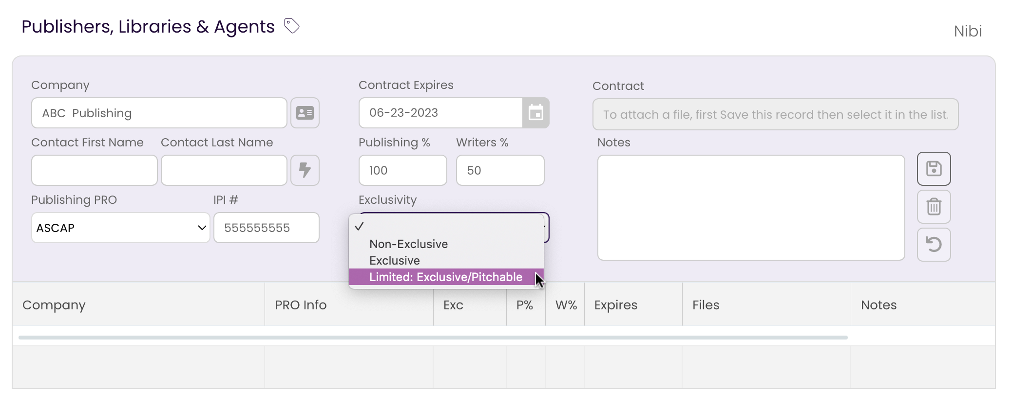 Using the dropdown menu to identify the track as Exclusive, Non-Exclusive or Limited.