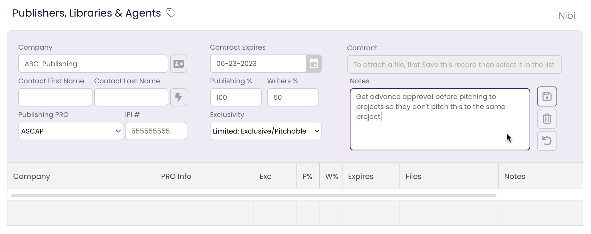 Entering notes into the Publishing Tab.