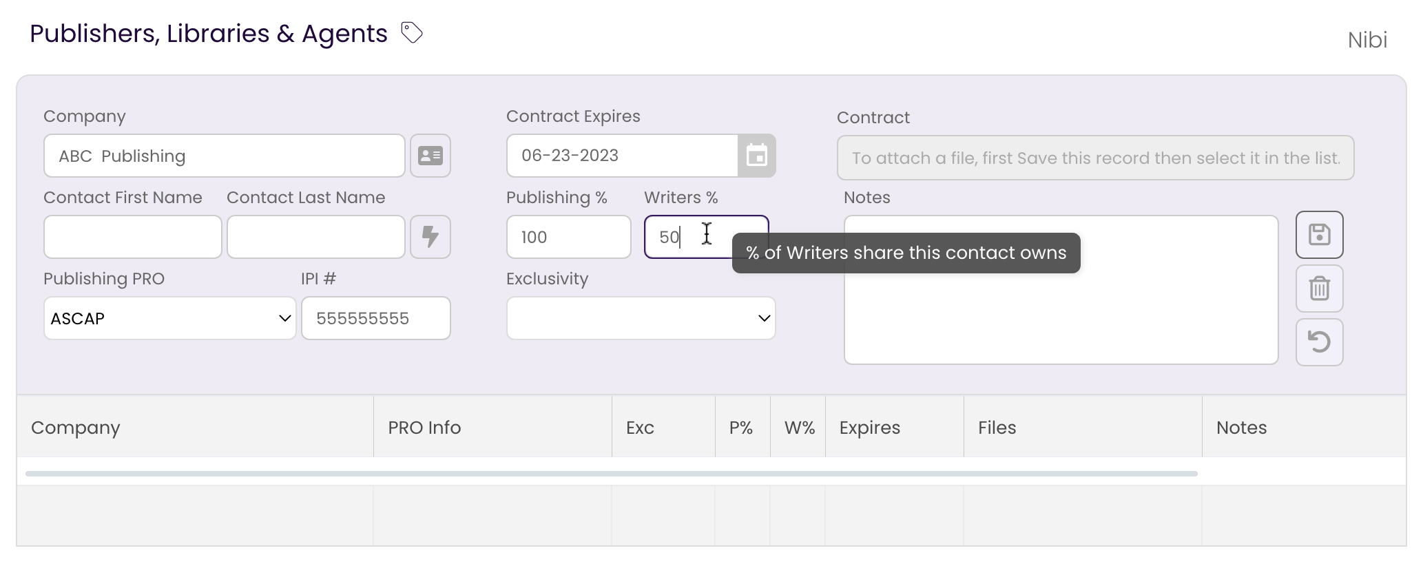 Entering the track's Publishing and Writers split percentages.