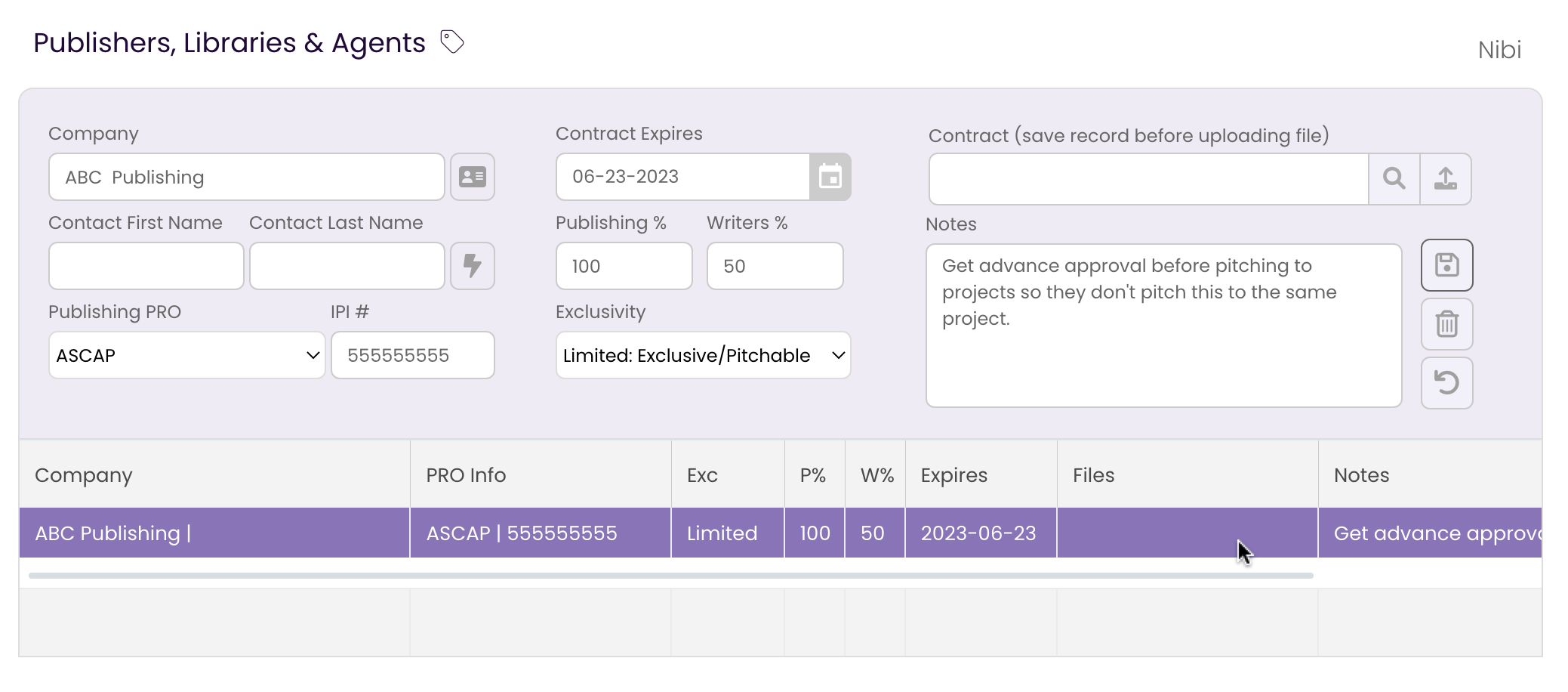 Selecting a Publishing Rights Holder to edit their information in the Publishing Tab.