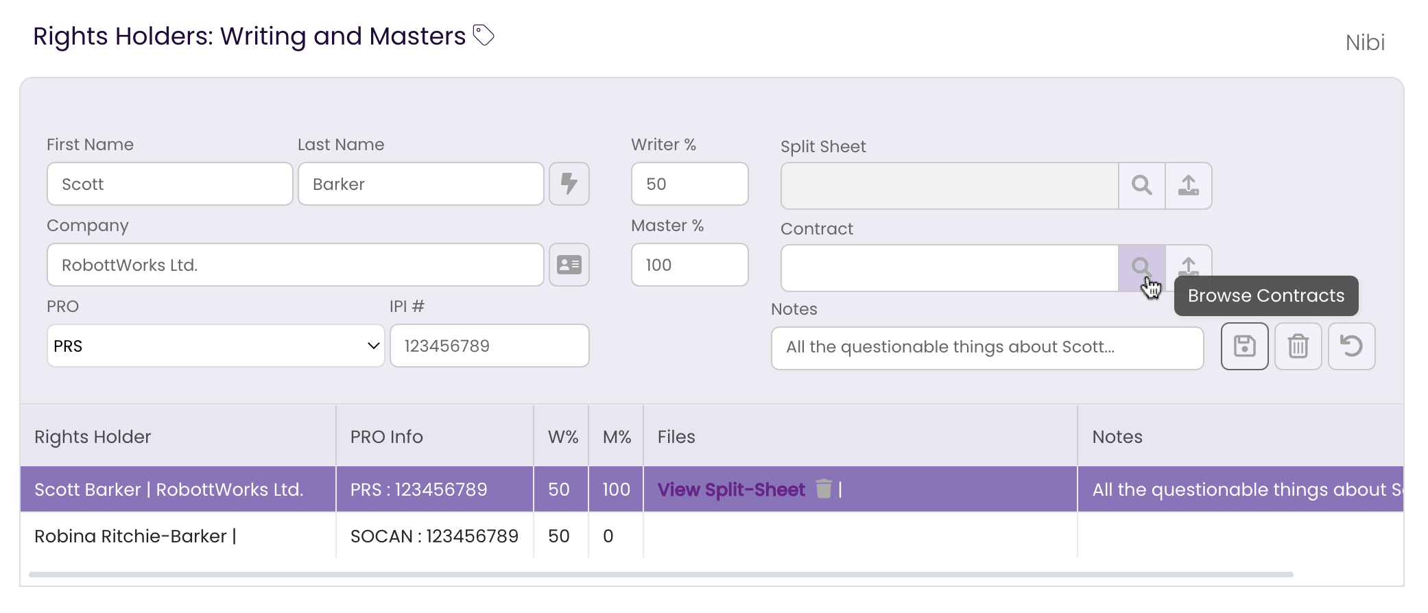 Clicking the Browse button to select a Contract to add to the Rights Holder record.