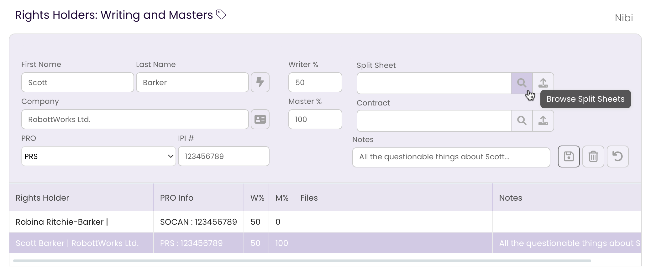Clicking the Browse button to select a Split Sheet to attach to the Rights Holder record.