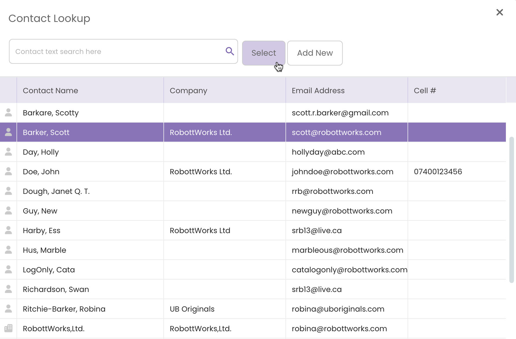 Using the Contact Lookup function to select a Collaborator to add to the Rights Tab in TrackStage.