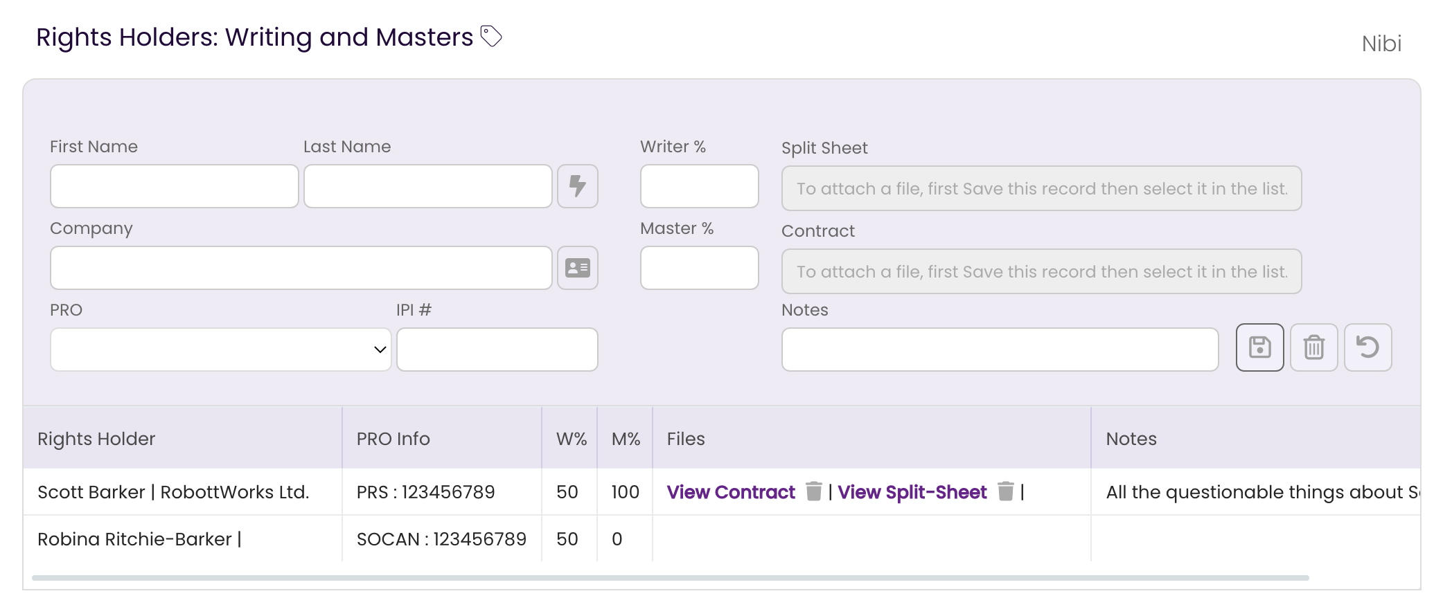 The Rights tab showing the updated Rights Holder record with both the Split Sheet and Contract added.