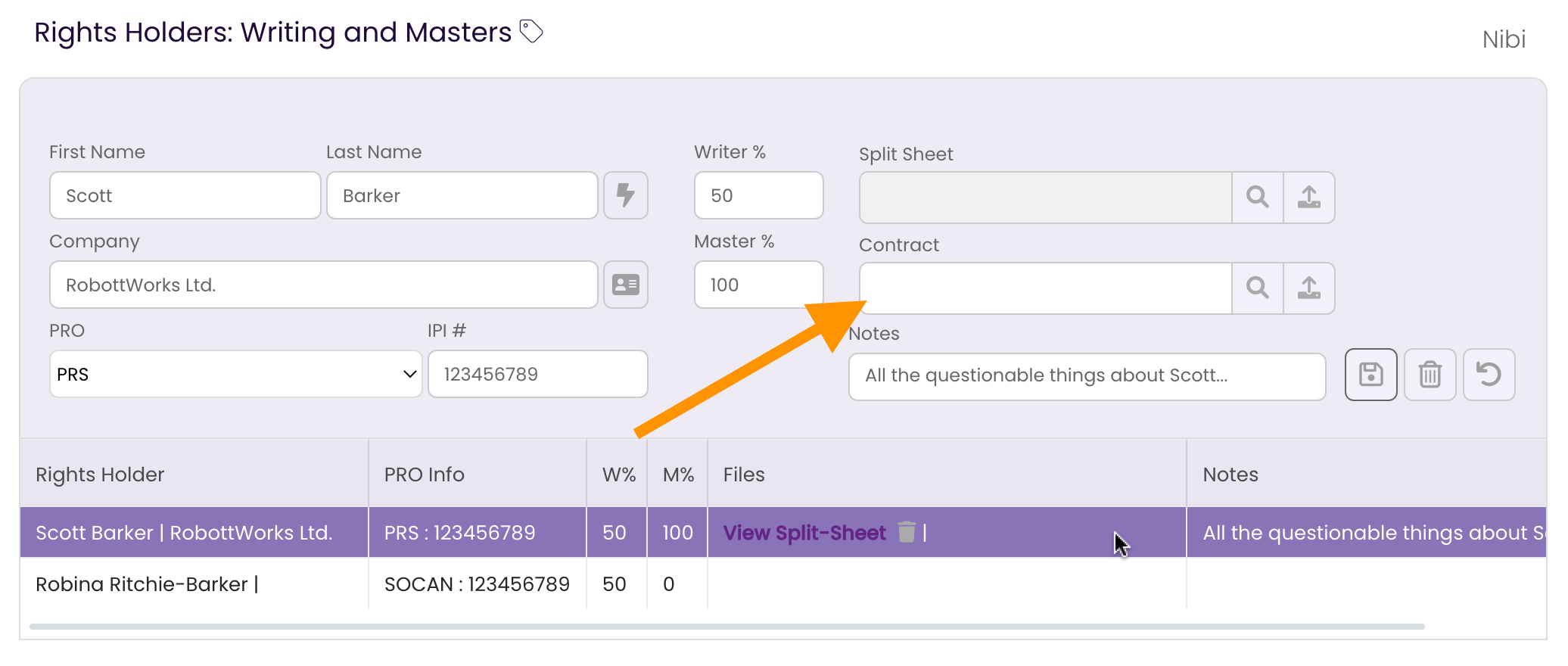 The Rights Tab showing the Rights Holder selected and just the Contract field editable.