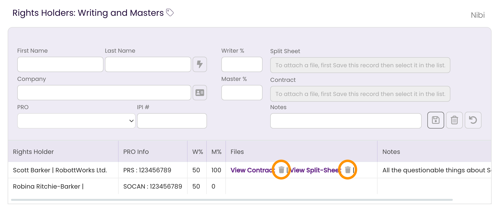The Rights Tab showing where to click to delete the Split Sheet or the Contract from the Rights Holder record.