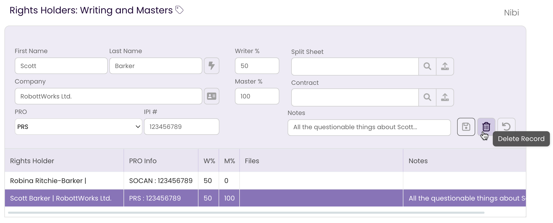 Clicking the Delete button in the Rights Tab to remove the selected Rights Holder record.