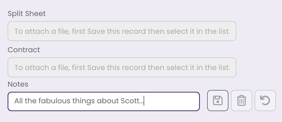 Editing the Notes field in the Rights Tab.