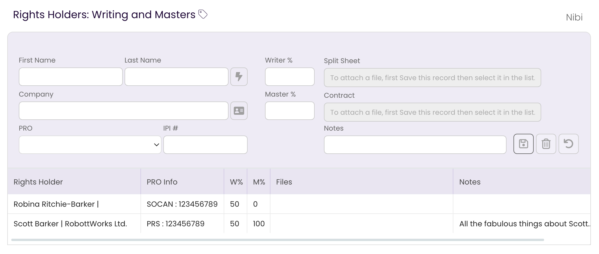 The Rights Holder's list showing the added collaborator and their splits.