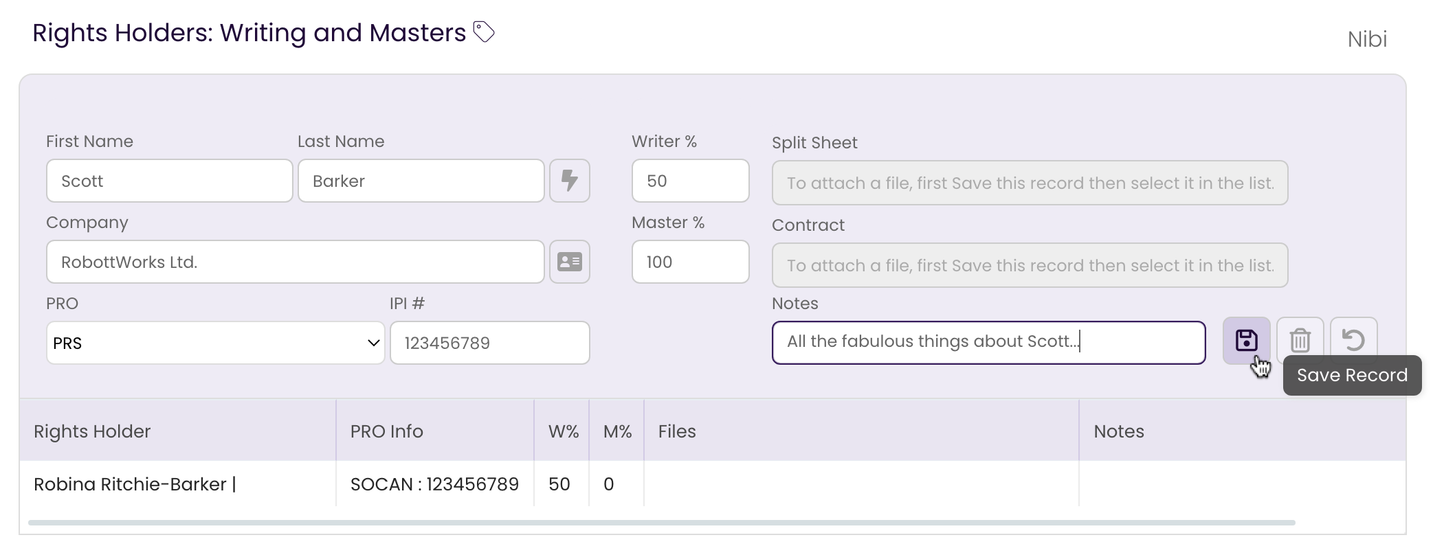 Clicking the Save Changes button in the Rights Tab to save the splits on the track.