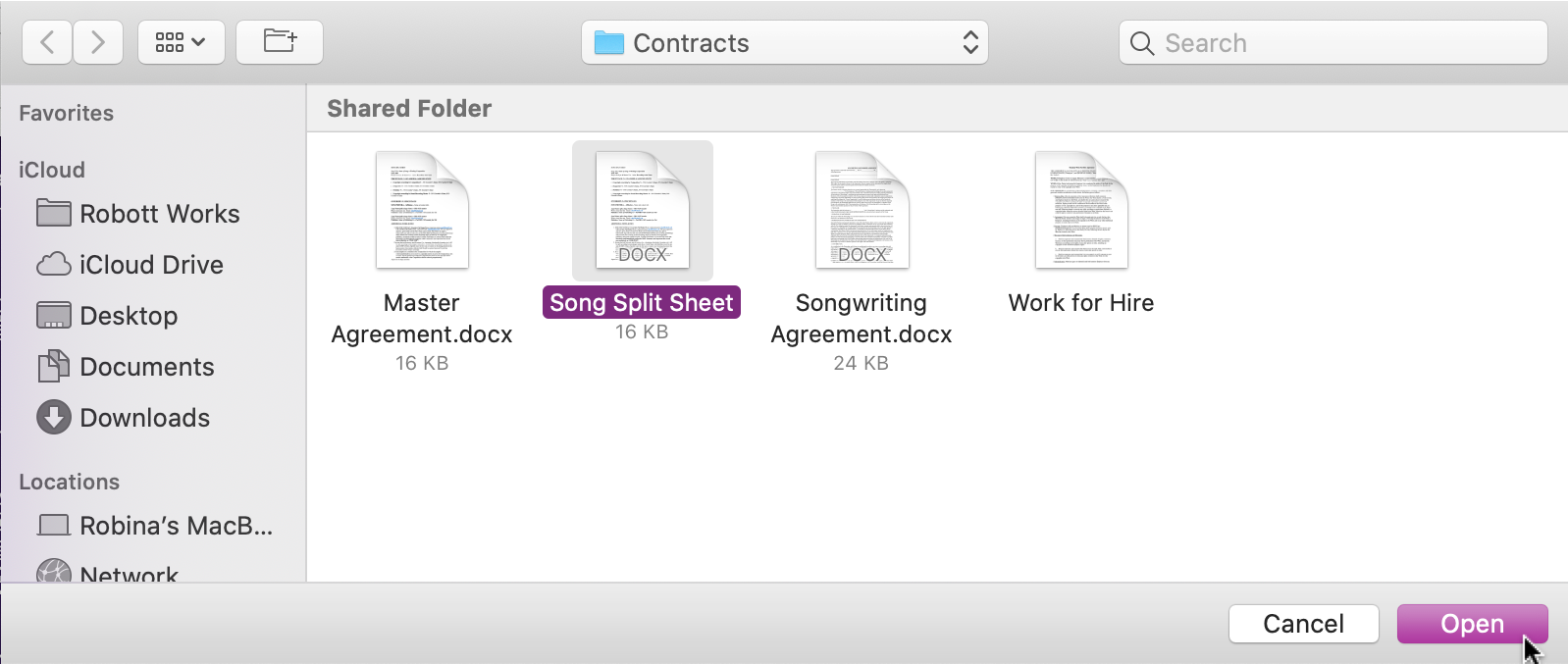Selecting the Split Sheet from the computer.