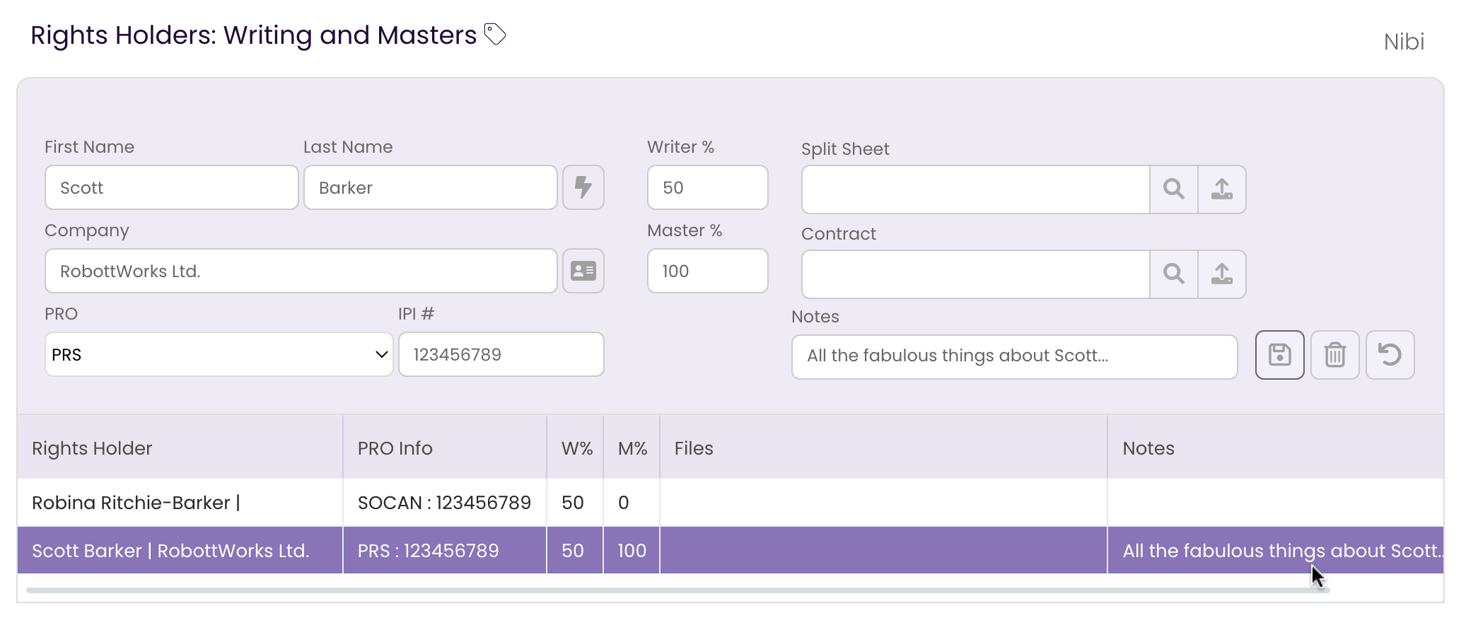 Selecting a Rights Holder to edit their information in the Rights Tab.
