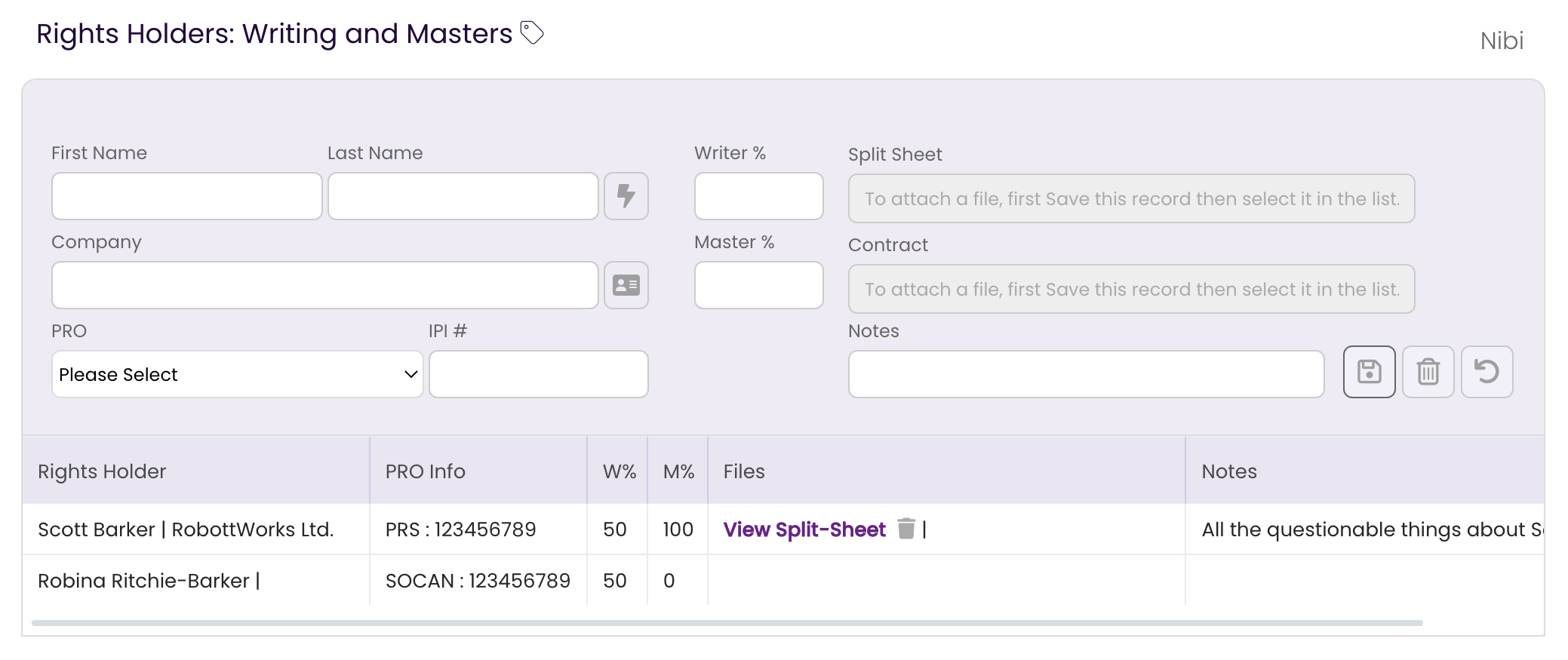 The updated Rights Holder record showing the Split Sheet added.