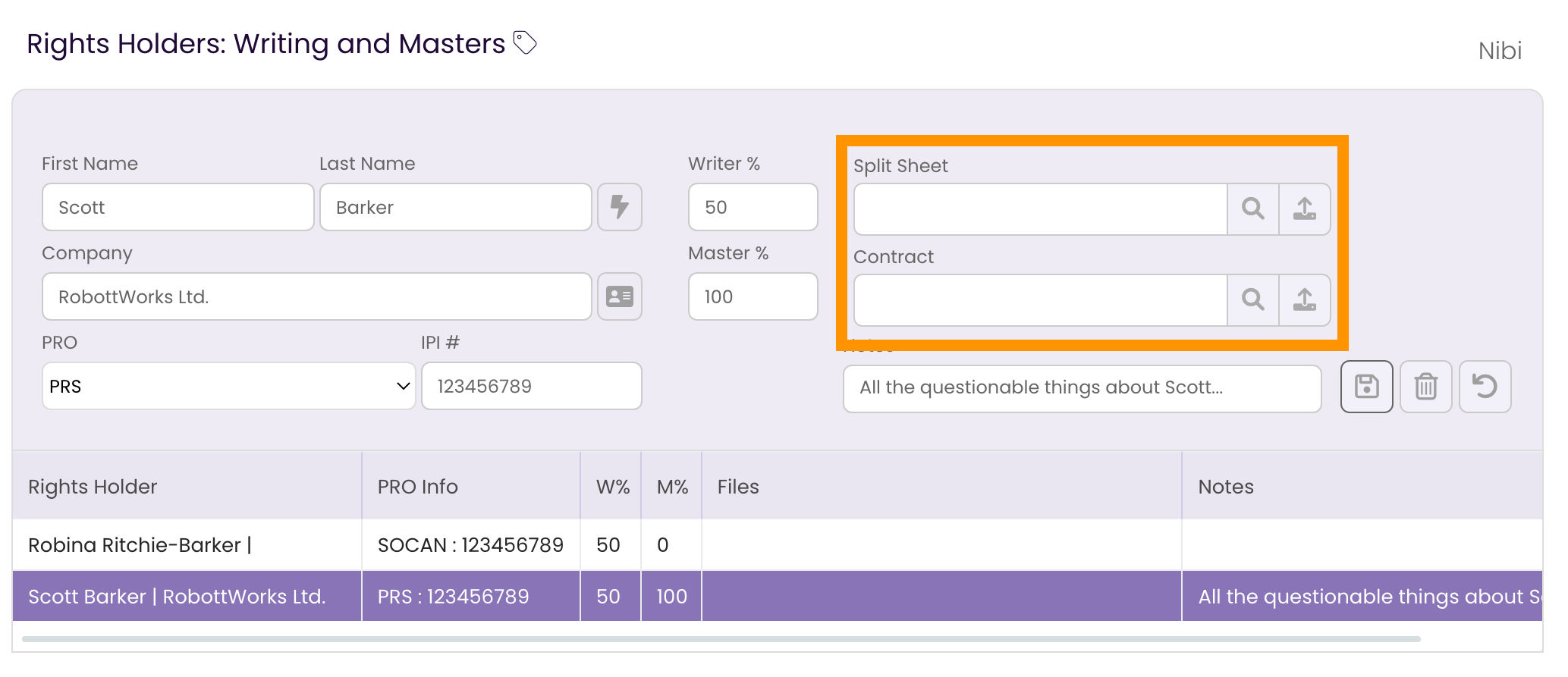 The Rights Tab with the Rights Holder selected, showing the Split Sheet and Contract fields as editable.