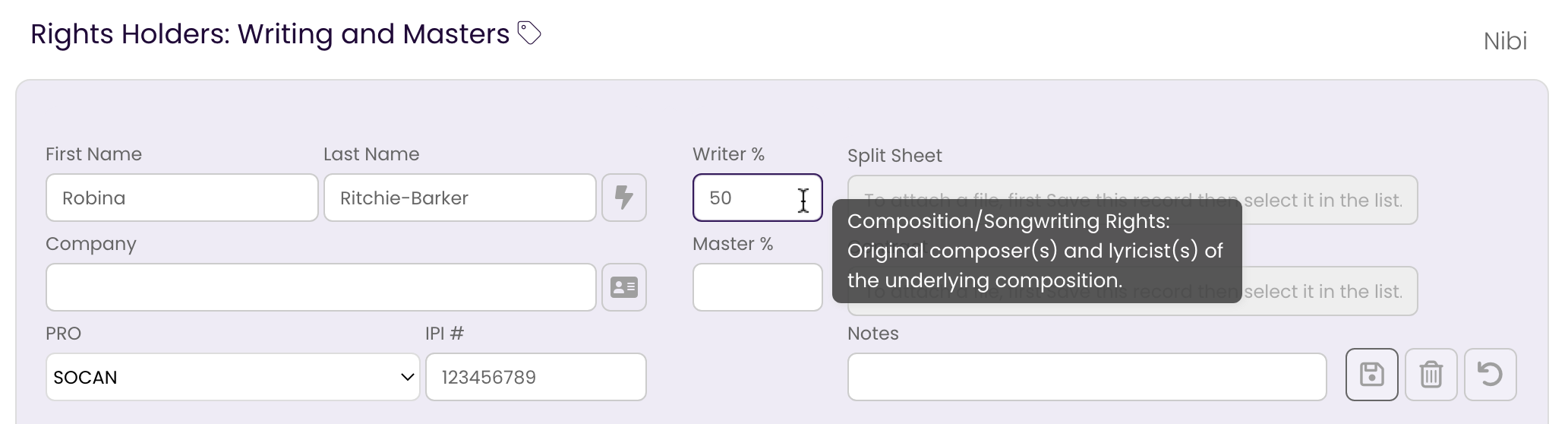 Entering your Writer's Share into the RIGHTS Tab.