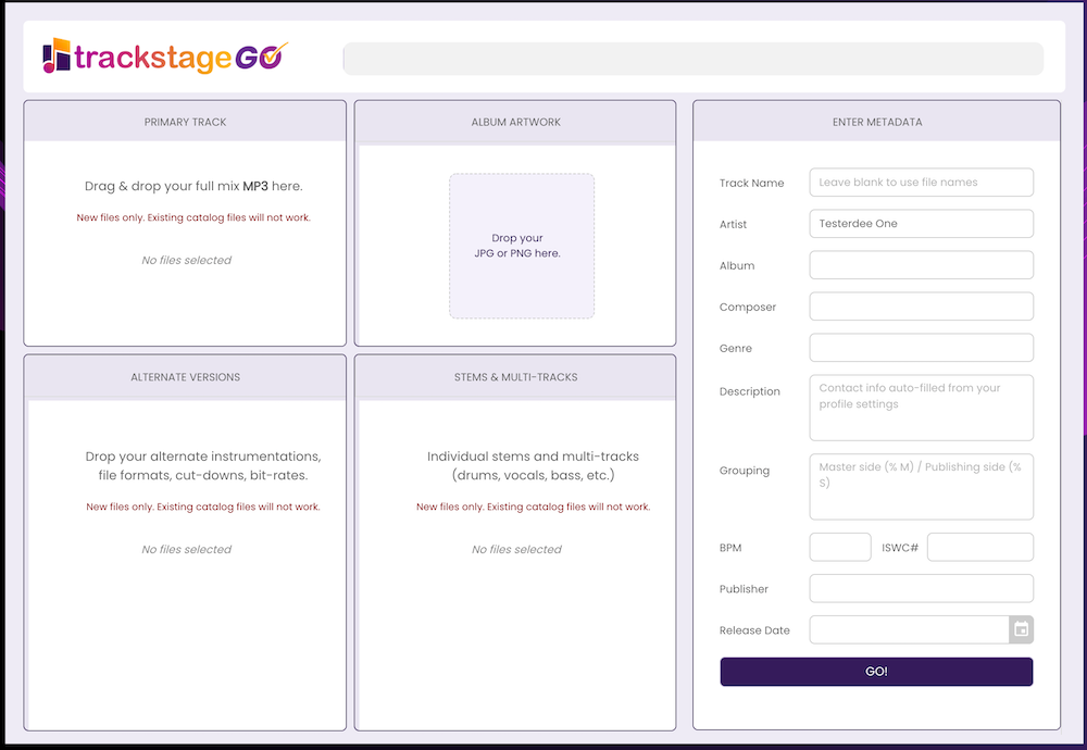 The TrackStage GO window with drop zones for the primary track, artwork, alternates and stems, and the metadata panel
